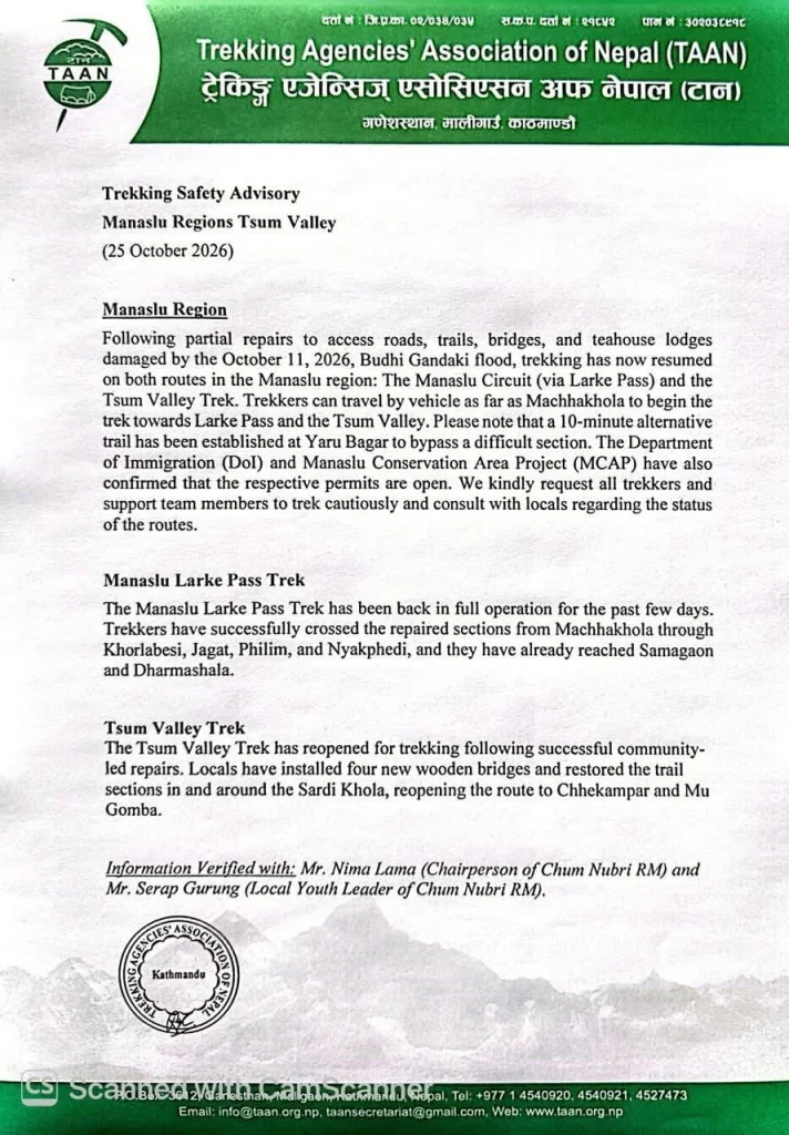 TAAN trekking safety advisory for the Manaslu region and Tsum Valley, dated 25 October 2026